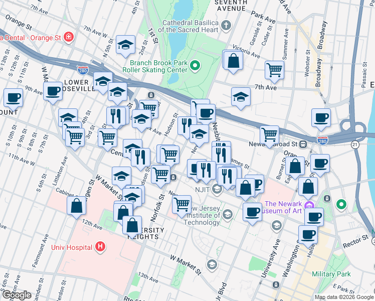 map of restaurants, bars, coffee shops, grocery stores, and more near 169 Sussex Avenue in Newark