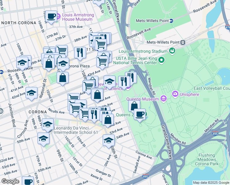 map of restaurants, bars, coffee shops, grocery stores, and more near 47 111th Street in Queens