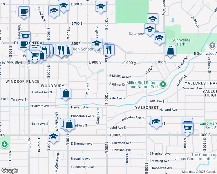 map of restaurants, bars, coffee shops, grocery stores, and more near 1013 South 1300 East in Salt Lake City