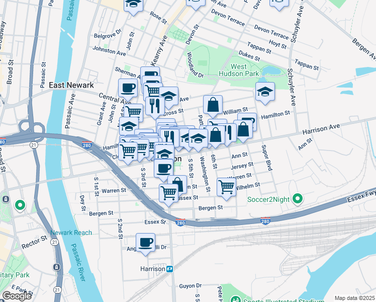 map of restaurants, bars, coffee shops, grocery stores, and more near 1 North 5th Street in Harrison