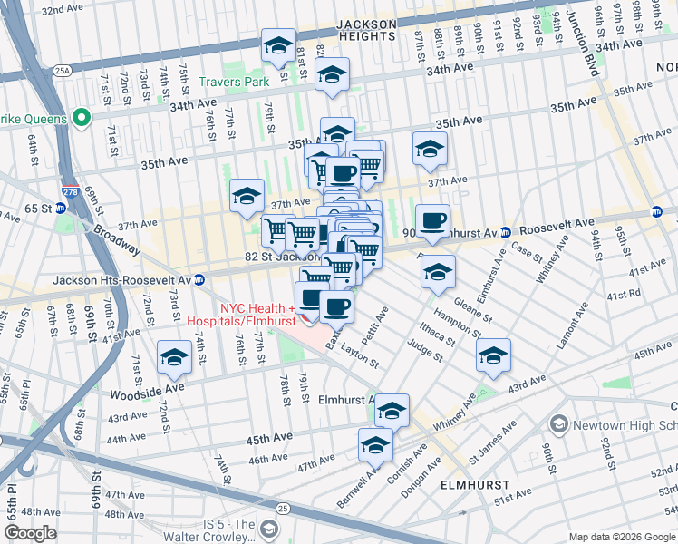 map of restaurants, bars, coffee shops, grocery stores, and more near in Queens