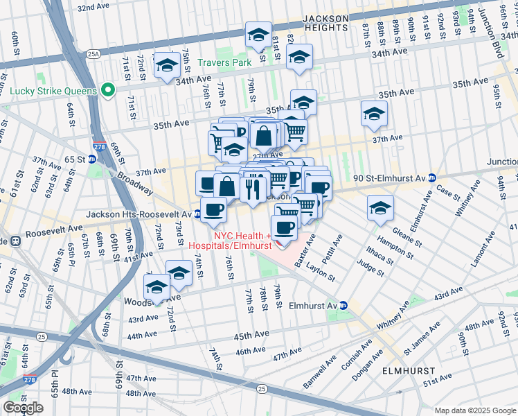 map of restaurants, bars, coffee shops, grocery stores, and more near 79-05 Roosevelt Avenue in Queens