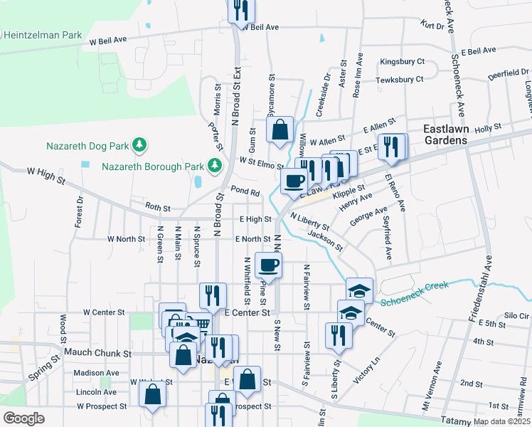 map of restaurants, bars, coffee shops, grocery stores, and more near 231 East High Street in Nazareth