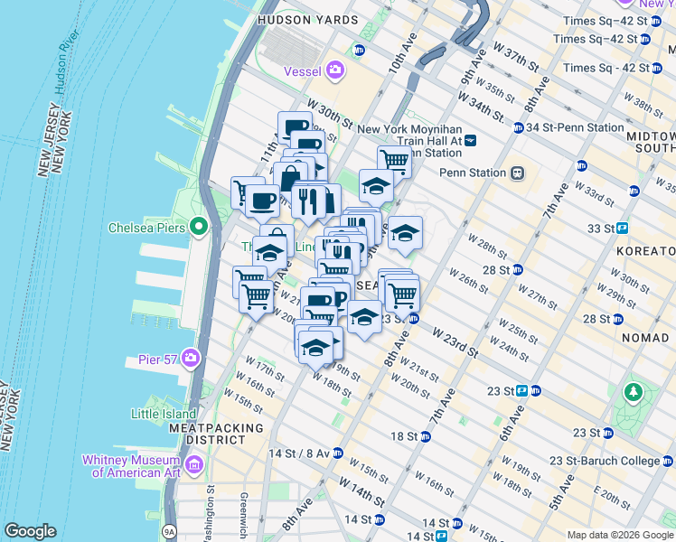 map of restaurants, bars, coffee shops, grocery stores, and more near 415 West 23rd Street in New York