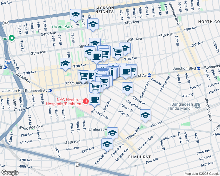 map of restaurants, bars, coffee shops, grocery stores, and more near 83-20 Roosevelt Avenue in Queens