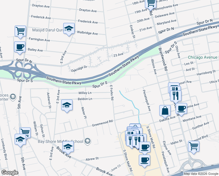 map of restaurants, bars, coffee shops, grocery stores, and more near 101 Clovernook Avenue in Bay Shore