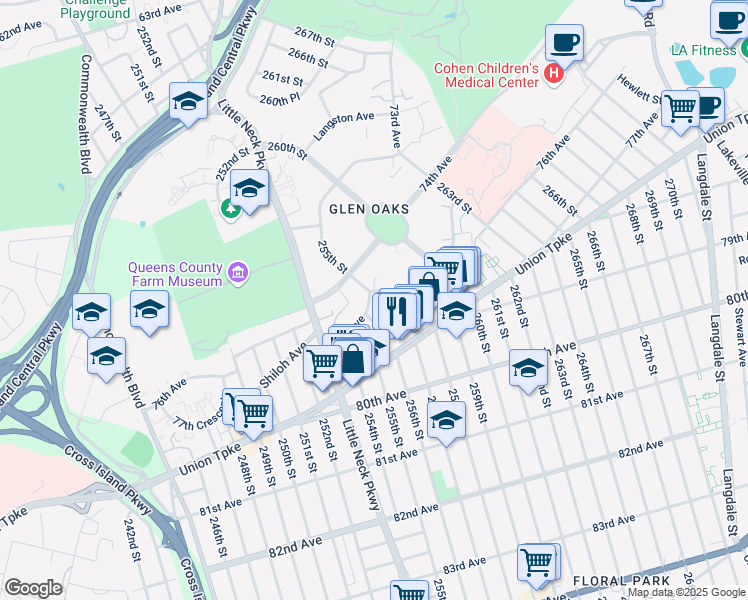 map of restaurants, bars, coffee shops, grocery stores, and more near 255-1 75th Avenue in Queens