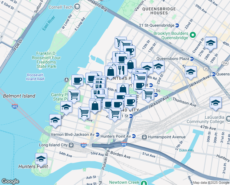 map of restaurants, bars, coffee shops, grocery stores, and more near 1025 45th Road in Queens