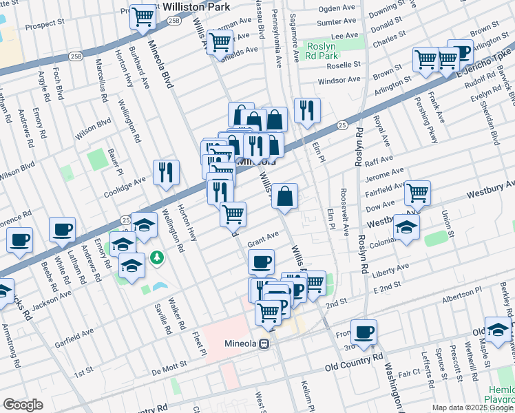 map of restaurants, bars, coffee shops, grocery stores, and more near 157 Jefferson Avenue in Mineola
