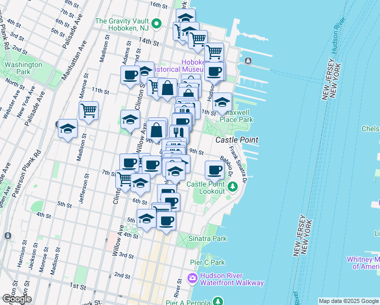 map of restaurants, bars, coffee shops, grocery stores, and more near 902 Washington Street in Hoboken