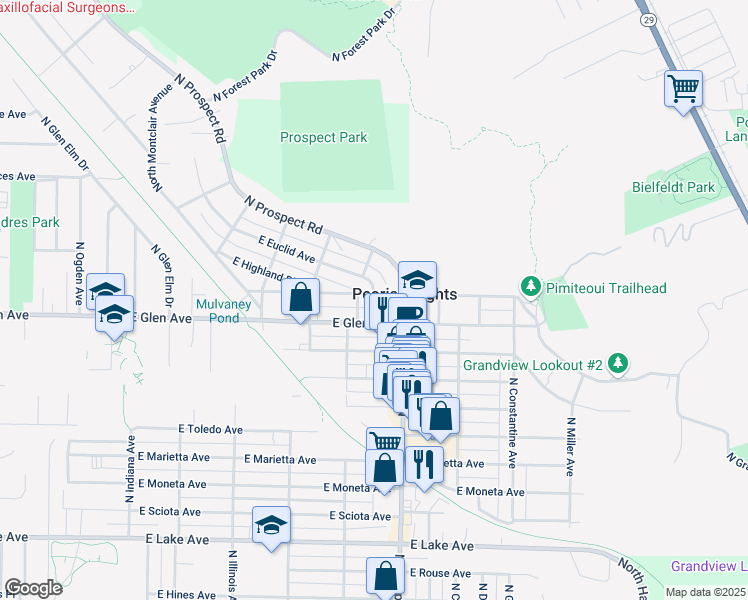 map of restaurants, bars, coffee shops, grocery stores, and more near 1214 East Kingman Avenue in Peoria Heights