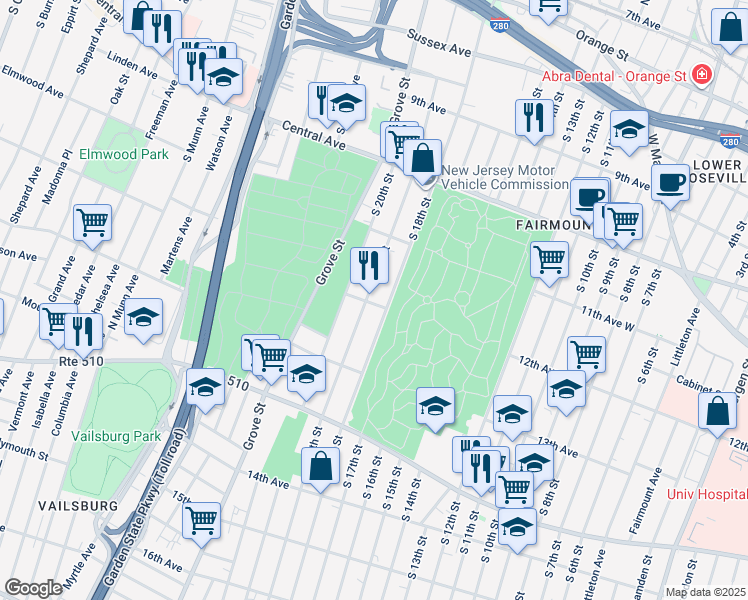 map of restaurants, bars, coffee shops, grocery stores, and more near 288 South 19th Street in Newark