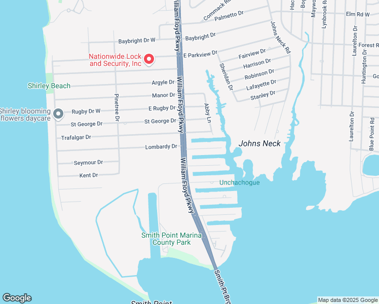 map of restaurants, bars, coffee shops, grocery stores, and more near 115 William Floyd Parkway in Shirley