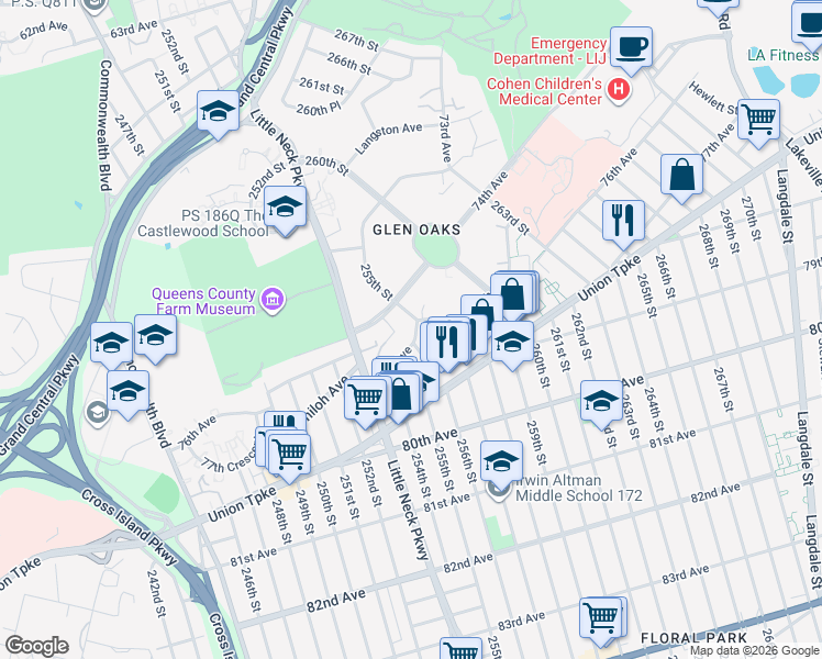 map of restaurants, bars, coffee shops, grocery stores, and more near 255-1 75th Avenue in Queens