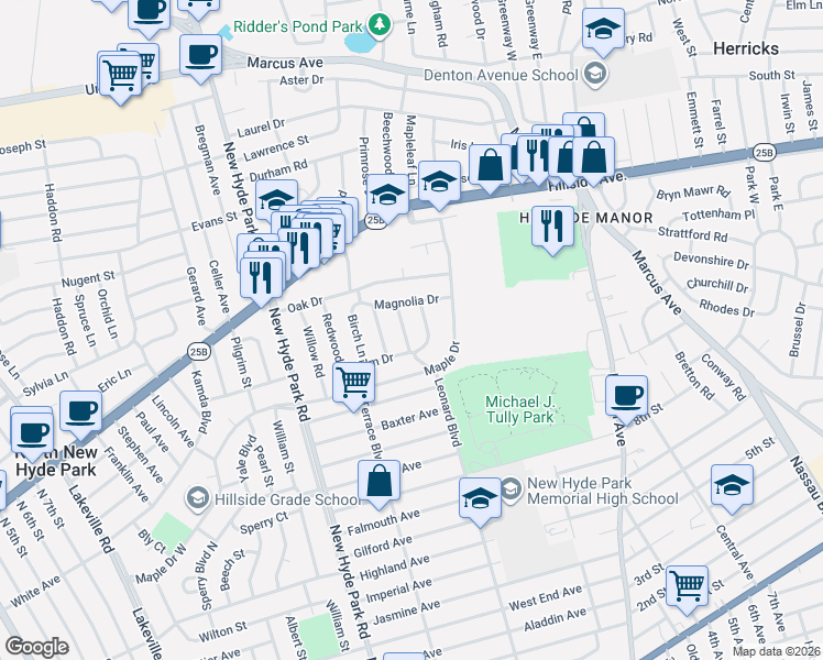 map of restaurants, bars, coffee shops, grocery stores, and more near 6 Pinewood Lane in North New Hyde Park