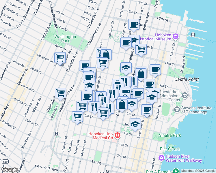 map of restaurants, bars, coffee shops, grocery stores, and more near 480 8th Street in Hoboken