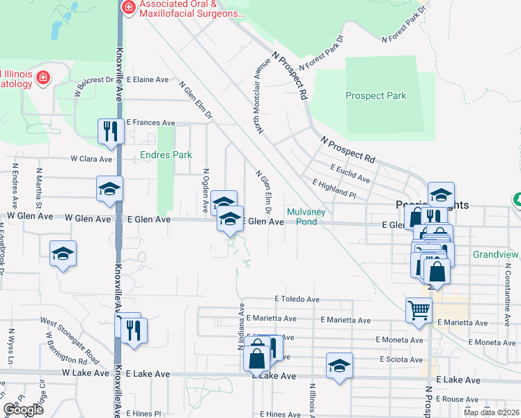 map of restaurants, bars, coffee shops, grocery stores, and more near 4925 North Glen Elm Drive in Peoria Heights