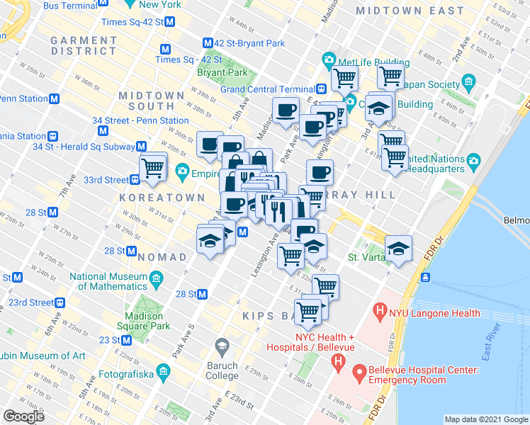 map of restaurants, bars, coffee shops, grocery stores, and more near in New York