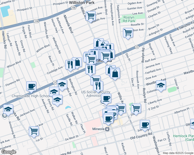 map of restaurants, bars, coffee shops, grocery stores, and more near 189 Jefferson Avenue in Mineola