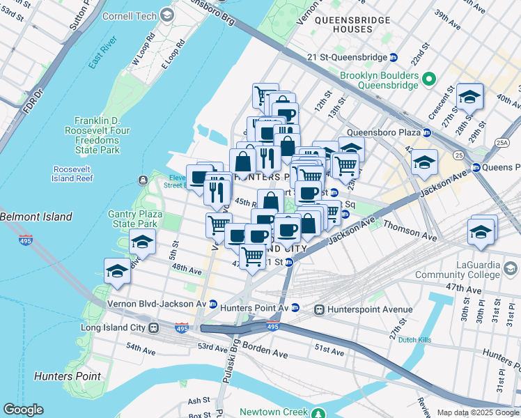 map of restaurants, bars, coffee shops, grocery stores, and more near 45-10 11th Street in Queens