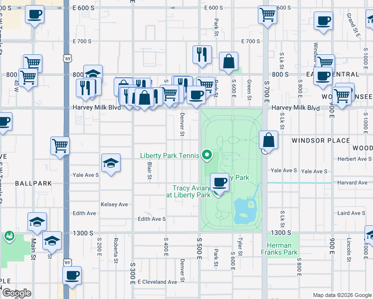 map of restaurants, bars, coffee shops, grocery stores, and more near 1013 Denver Street in Salt Lake City