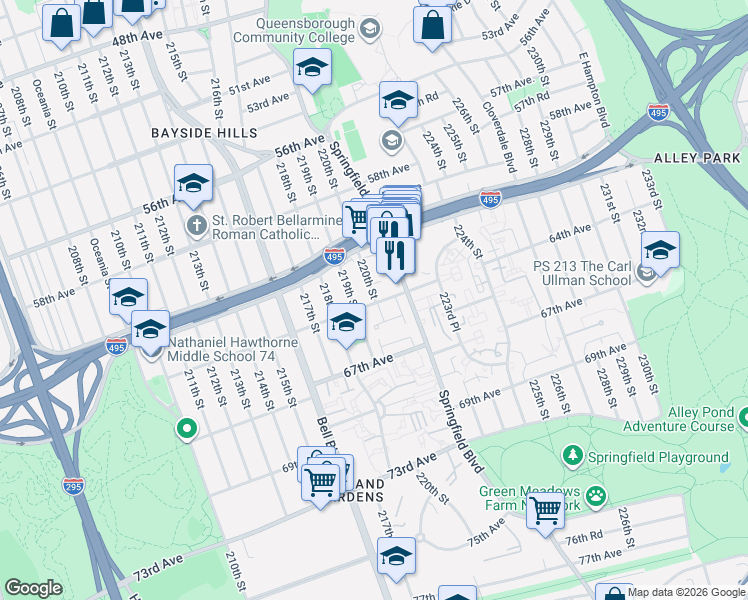 map of restaurants, bars, coffee shops, grocery stores, and more near 61-54 Springfield Boulevard in Queens