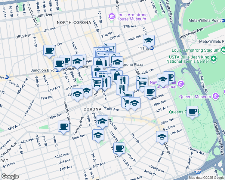 map of restaurants, bars, coffee shops, grocery stores, and more near 102-36 43rd Avenue in Queens