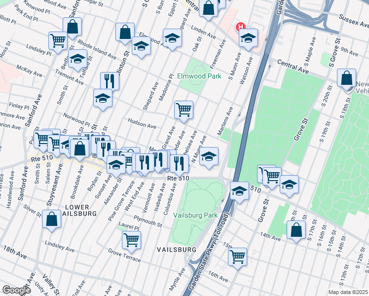 map of restaurants, bars, coffee shops, grocery stores, and more near 78 Cedar Avenue in Newark
