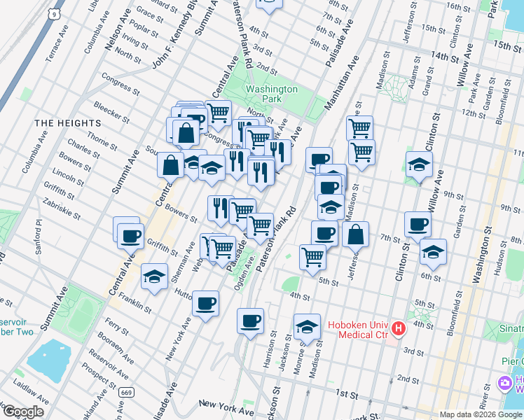 map of restaurants, bars, coffee shops, grocery stores, and more near in Jersey City