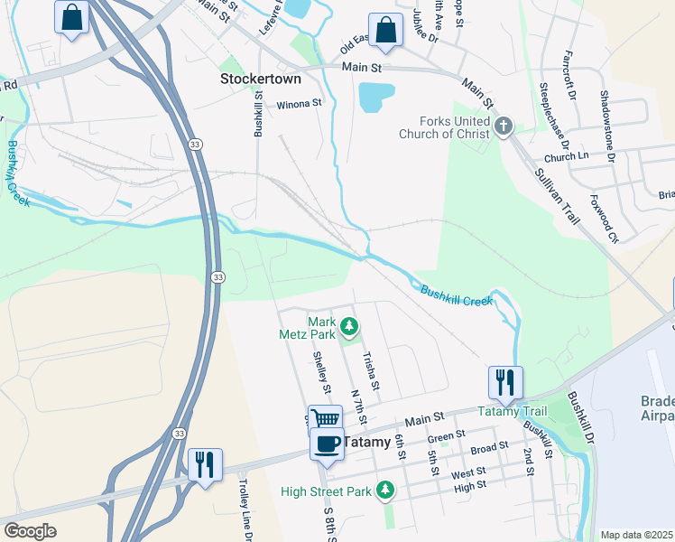 map of restaurants, bars, coffee shops, grocery stores, and more near 50 Mariska Ln in Easton