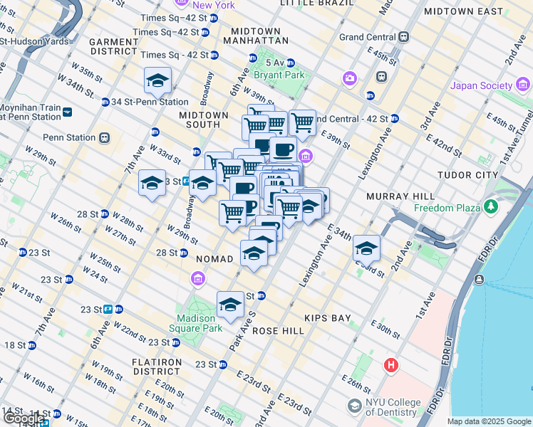 map of restaurants, bars, coffee shops, grocery stores, and more near 168 Madison Avenue in New York