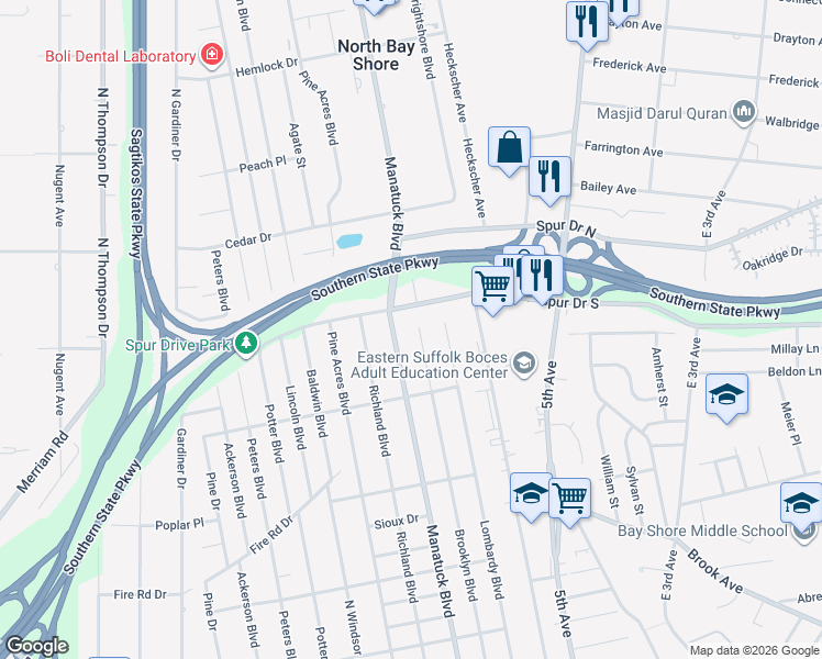 map of restaurants, bars, coffee shops, grocery stores, and more near 218 Spur Drive South in Bay Shore