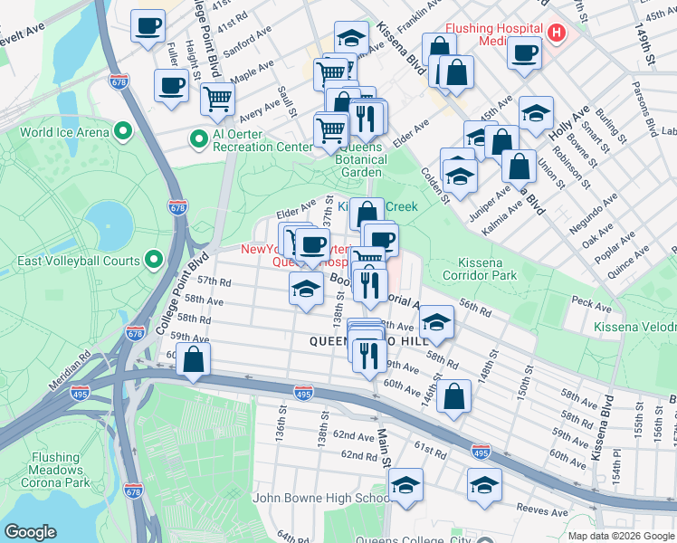 map of restaurants, bars, coffee shops, grocery stores, and more near 56-29 138th Street in Queens
