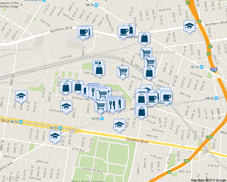 map of restaurants, bars, coffee shops, grocery stores, and more near 52-01 39th Drive in Queens