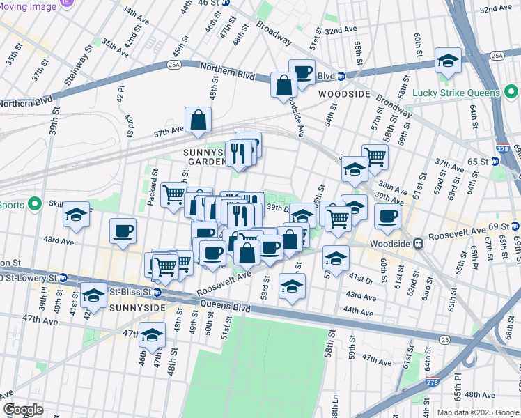 map of restaurants, bars, coffee shops, grocery stores, and more near 39-50 52nd Street in Queens