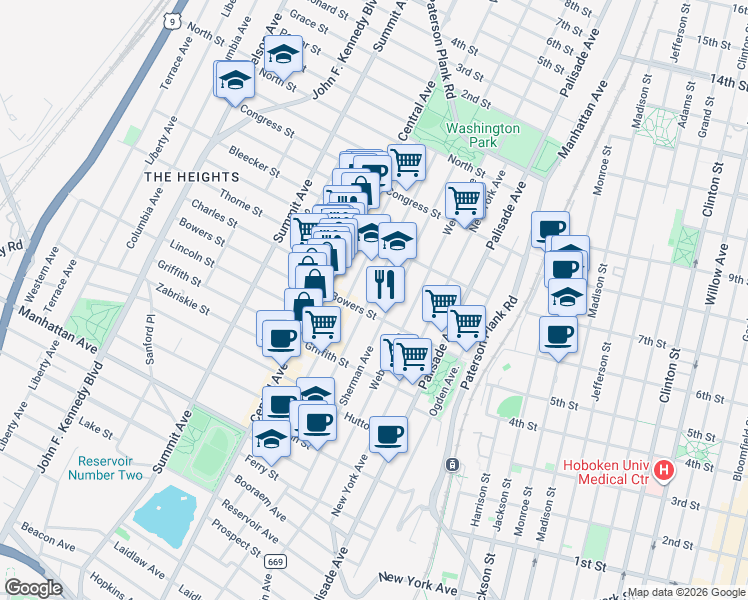 map of restaurants, bars, coffee shops, grocery stores, and more near 146 Hancock Avenue in Jersey City
