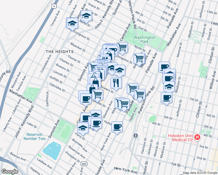 map of restaurants, bars, coffee shops, grocery stores, and more near 146 Hancock Avenue in Jersey City