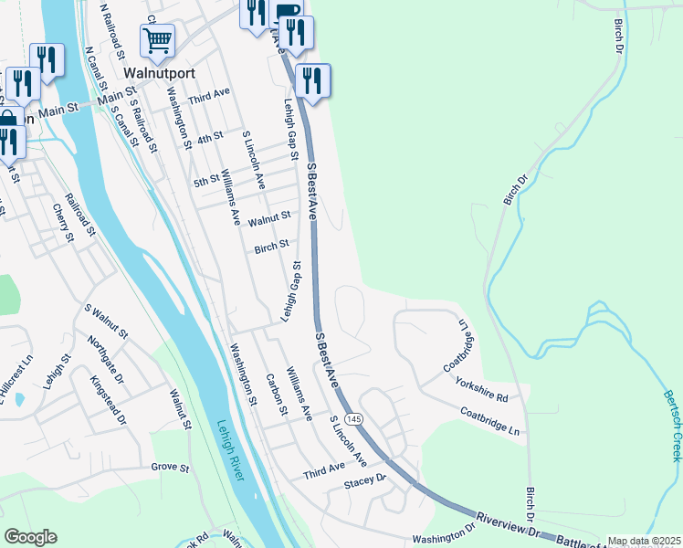 map of restaurants, bars, coffee shops, grocery stores, and more near 23 View Drive in Walnutport