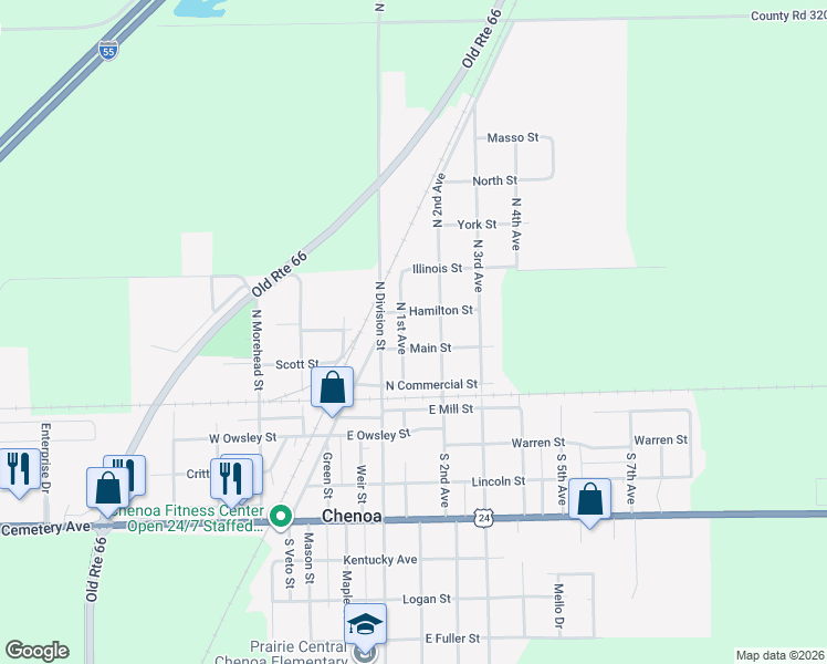 map of restaurants, bars, coffee shops, grocery stores, and more near 230 North 1st Avenue in Chenoa