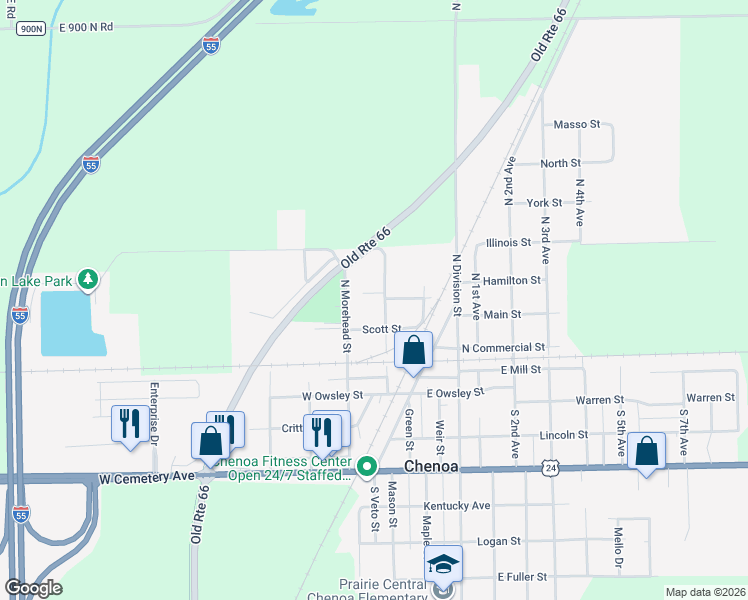map of restaurants, bars, coffee shops, grocery stores, and more near 309 North Letcher Street in Chenoa