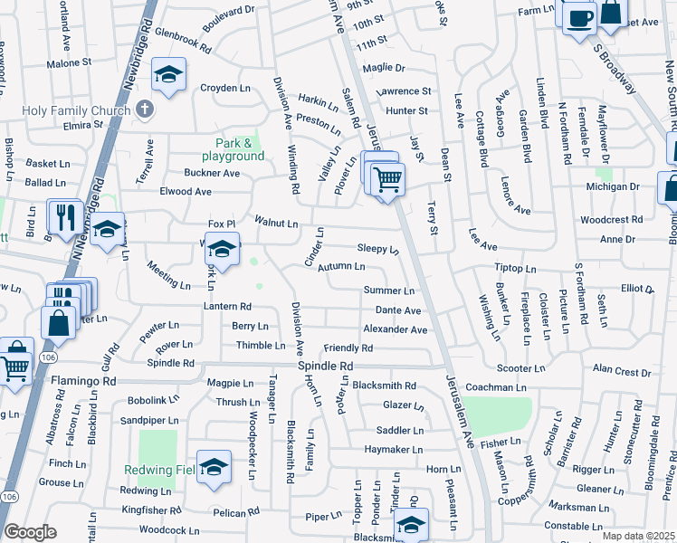 map of restaurants, bars, coffee shops, grocery stores, and more near 38 Autumn Lane in Hicksville