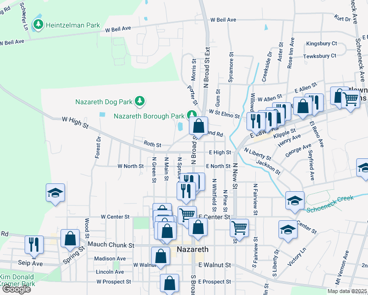 map of restaurants, bars, coffee shops, grocery stores, and more near 41 East High Street in Nazareth