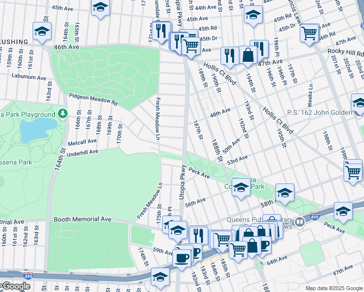 map of restaurants, bars, coffee shops, grocery stores, and more near 174-56 Pidgeon Meadow Road in Queens
