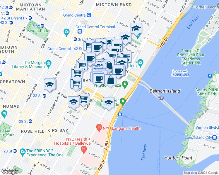 map of restaurants, bars, coffee shops, grocery stores, and more near 322 East 39th Street in New York