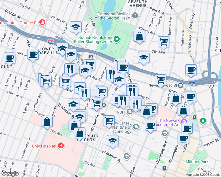 map of restaurants, bars, coffee shops, grocery stores, and more near 169 Sussex Avenue in Newark