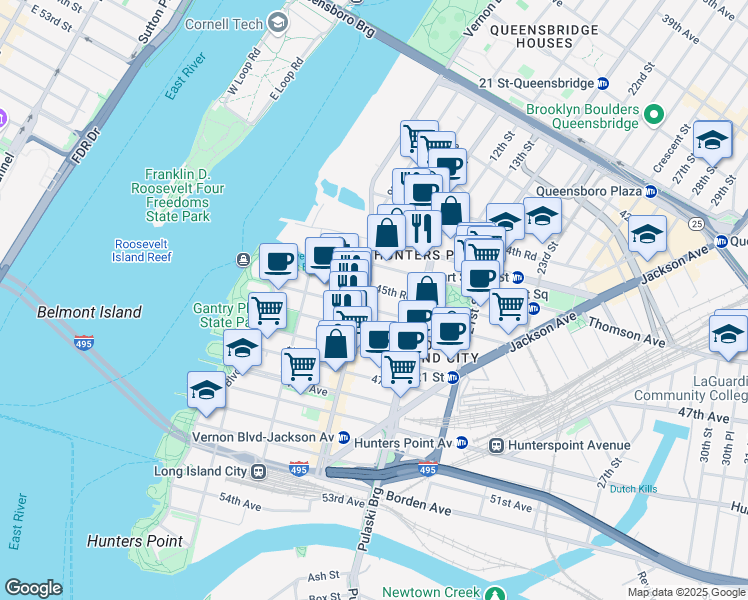 map of restaurants, bars, coffee shops, grocery stores, and more near 1025 45th Road in Queens