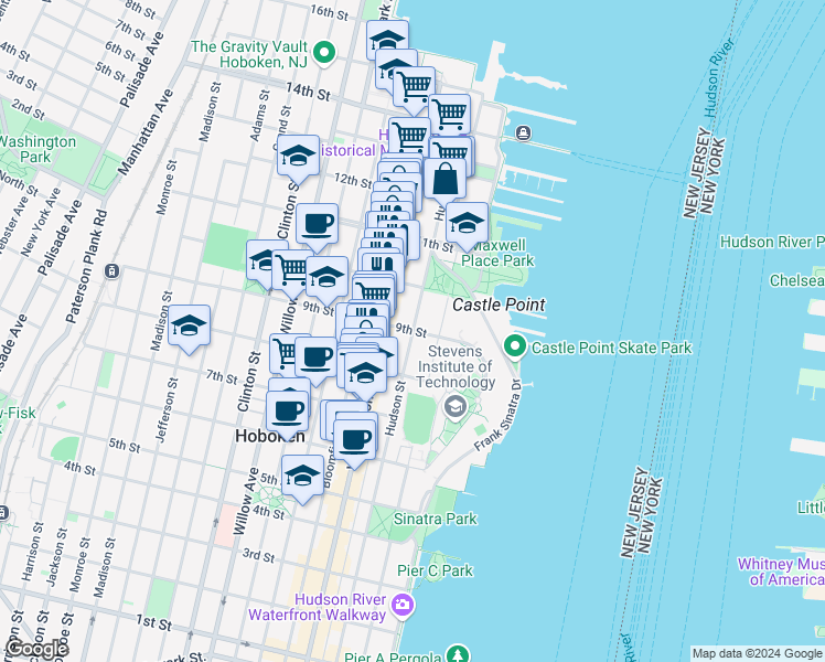 map of restaurants, bars, coffee shops, grocery stores, and more near 9th St & Hudson St in Hoboken