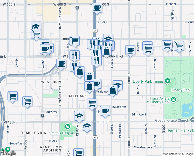 map of restaurants, bars, coffee shops, grocery stores, and more near 999 State Street in Salt Lake City
