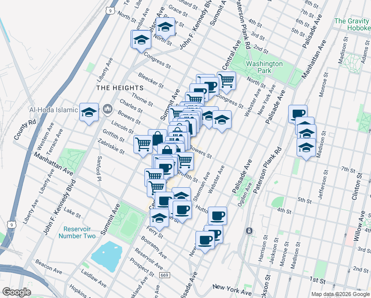 map of restaurants, bars, coffee shops, grocery stores, and more near 20 Charles Street in Jersey City