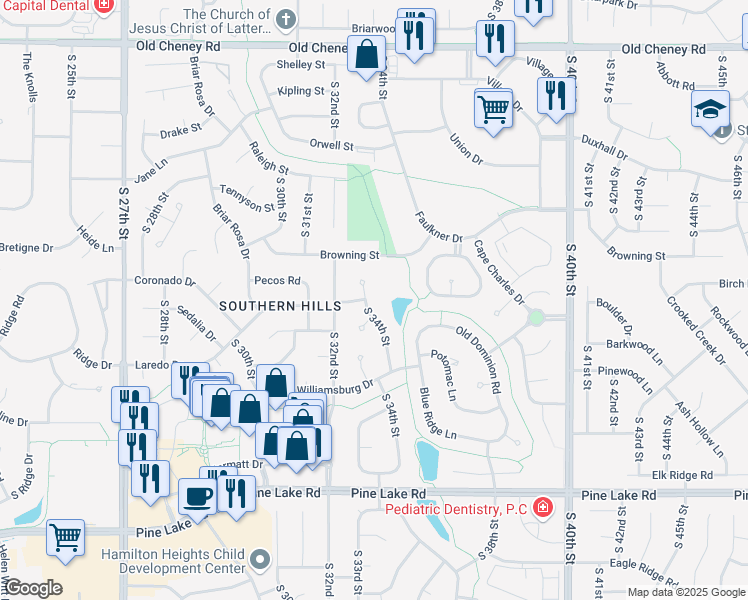 map of restaurants, bars, coffee shops, grocery stores, and more near 6500 South 34th Street in Lincoln